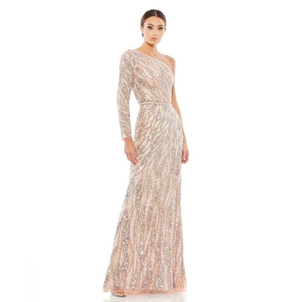 Mac Duggal 4982 NWT EMBELLISHED ONE SLEEVE GOWN W/ SEQUIN BELT rose gold